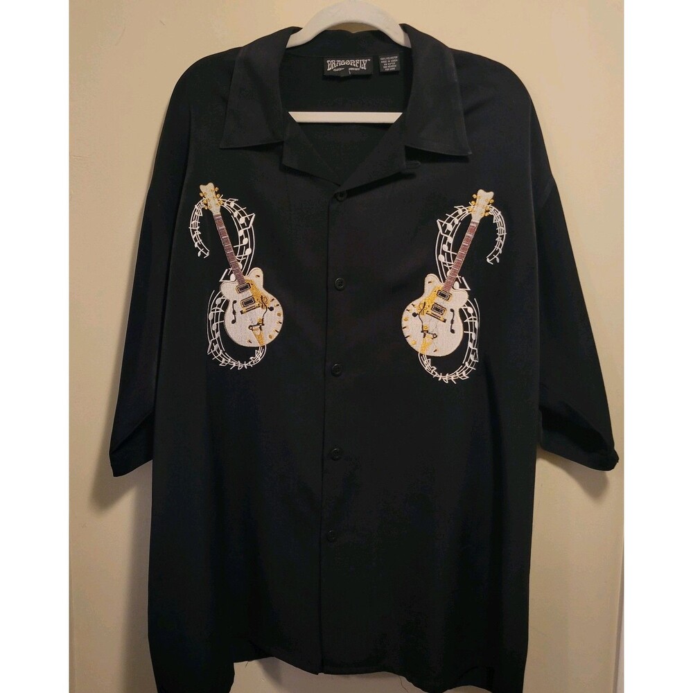 Drangonfly Shirt Mens Size 2XL Guitar  Black Short Sleeve Button Up~ Embroidery!